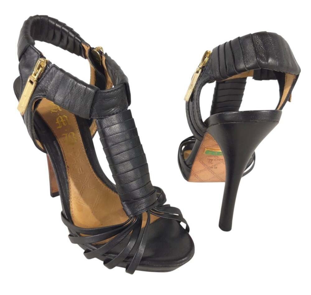 L.A.M.B. Gwen Stefani Strappy Heels US 7.5 EU 38 Black Stiletto Leather $295